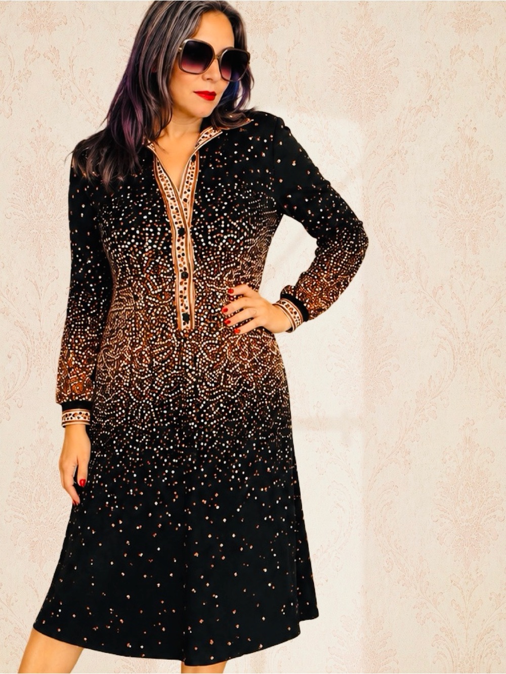 Vintage 70s Confetti Dot Shirt Dress Midi Long Sleeve M/L